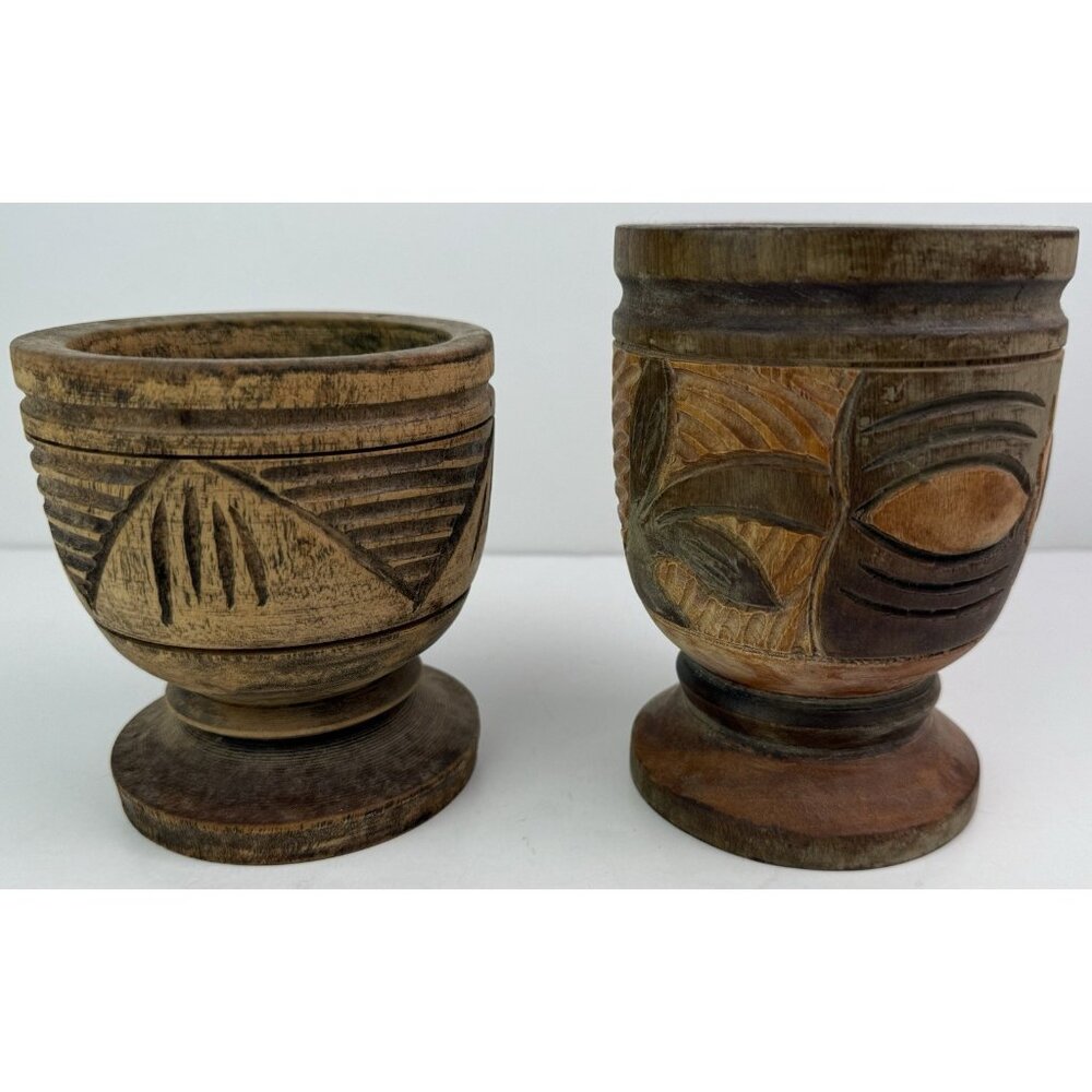 Vintage Wooden Hand Carved Pedestal Mortar/Cup/Vase Set‎ Of 2 Rustic - Picture 2 of 8